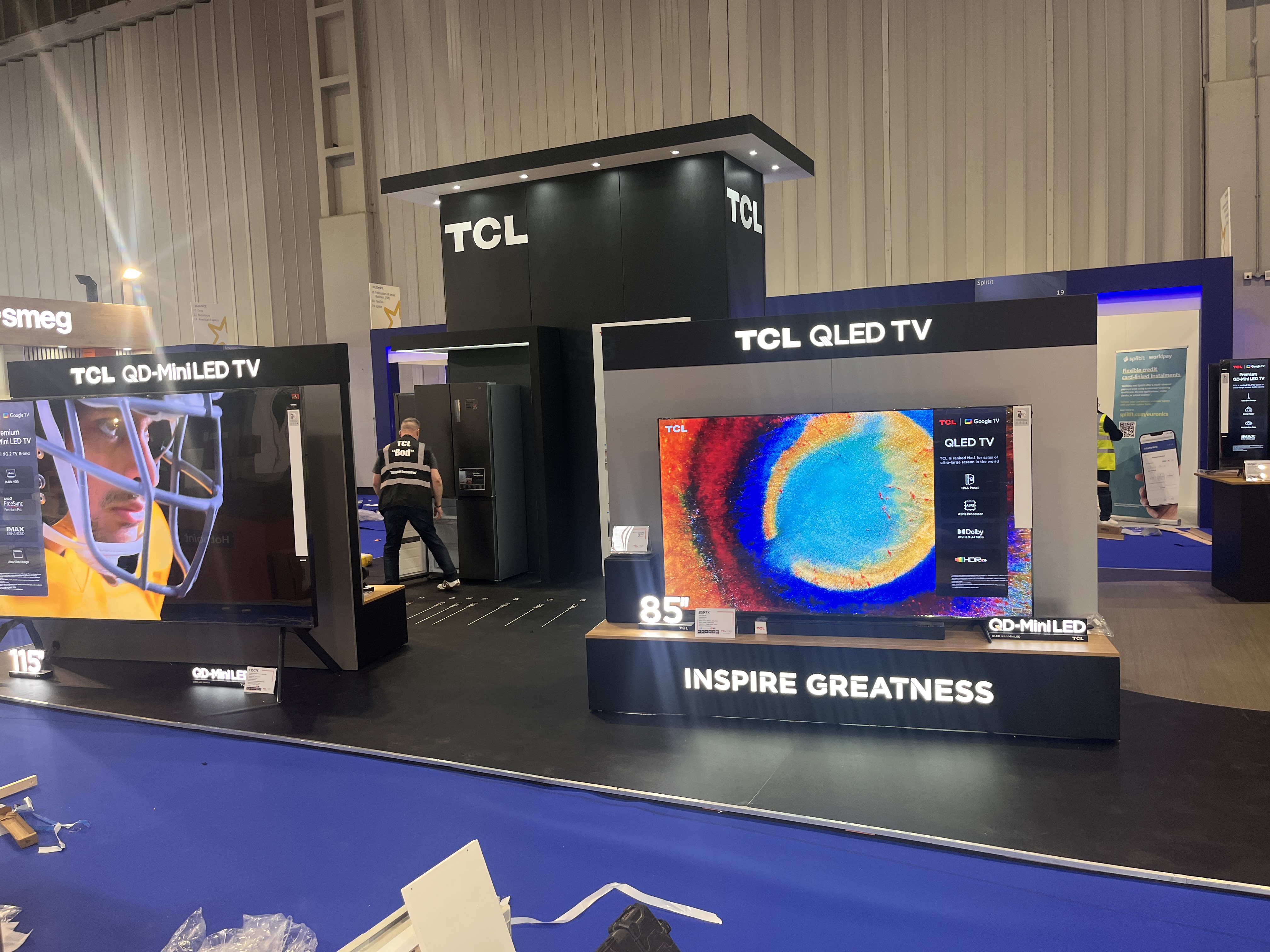 TCL exhibition stand at CIH 2025 — modular display system adapted from Cleverleys Blackpool retail build by Novus